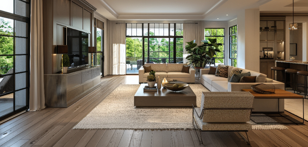 Modern wellness-focused living room with plants and natural light