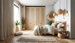 Serene bedroom with natural materials and soft lighting